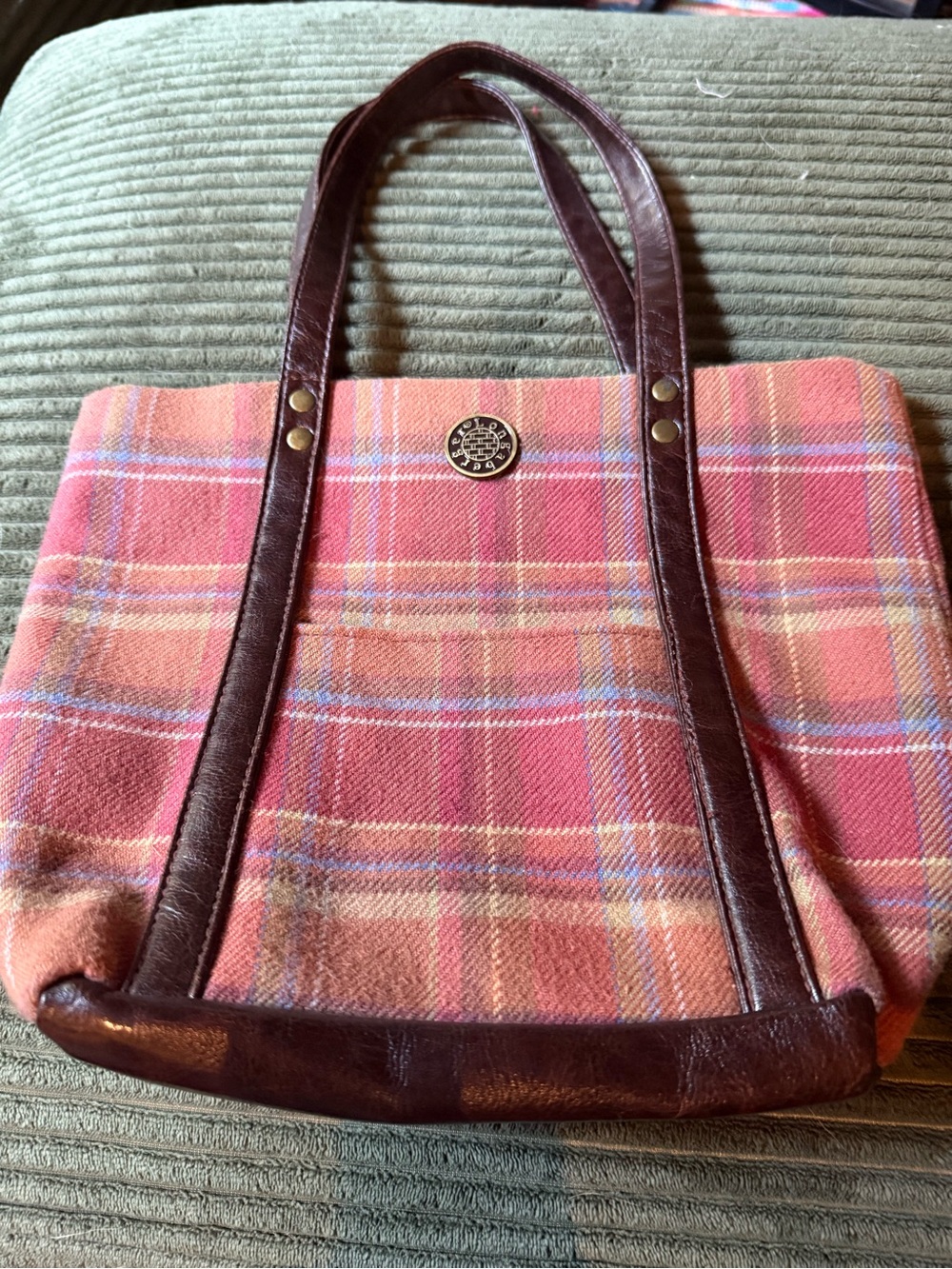 Longaberger Coral Plaid Shoulder Tote with Brown Leather Trim